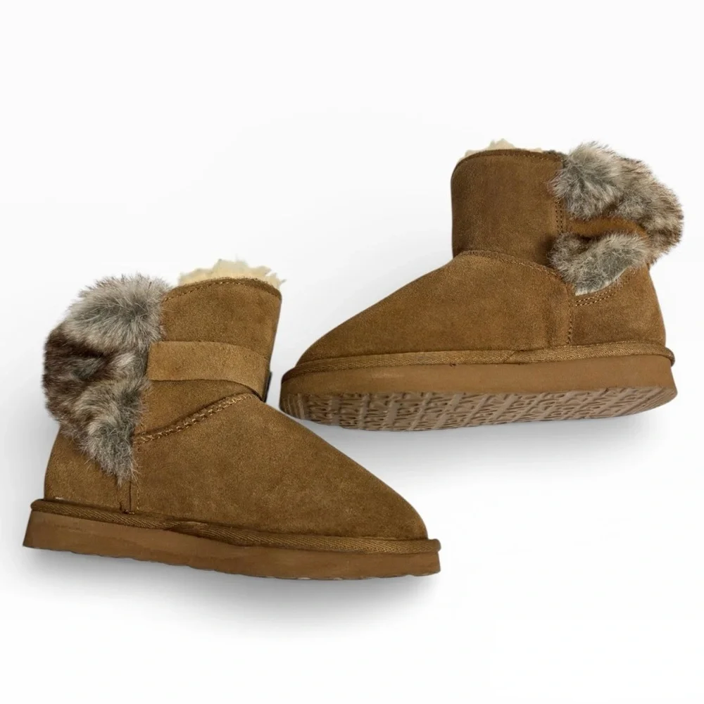 Paws by Bearpaw Chestnut Suede Shorty Boots Fur Lined Buckle Kids US 13
